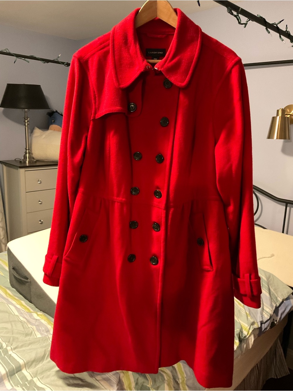 Lands' End Women's Bright Red Double-Breasted Wool Blend Pea Coat